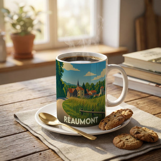 Mug souvenir de la ville de Réaumont avec une illustration stylisée de paysages et de bâtiments typiques.