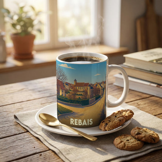 Mug souvenir de la ville de Rebais orné d'une illustration stylisée de son paysage urbain.