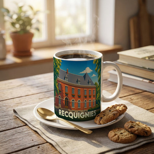 Mug souvenir de la ville de Recquignies illustré d'un bâtiment historique en briques.