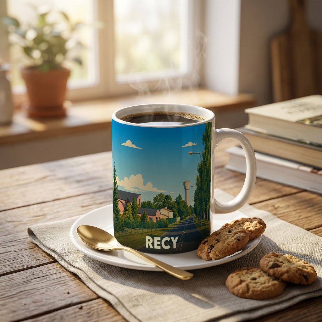 Mug souvenir de la ville de Recy orné d'une illustration paysagère stylisée.