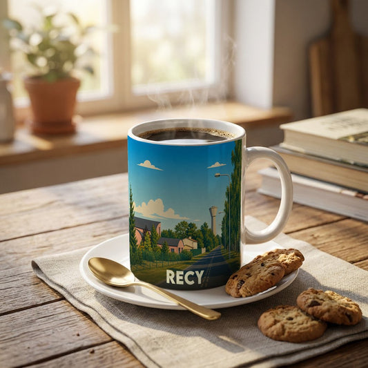 Mug souvenir de la ville de Recy orné d'une illustration paysagère stylisée.