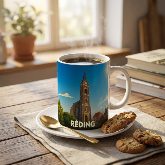 Mug souvenir de la ville de Réding avec une illustration stylisée de son église sous un ciel bleu.
