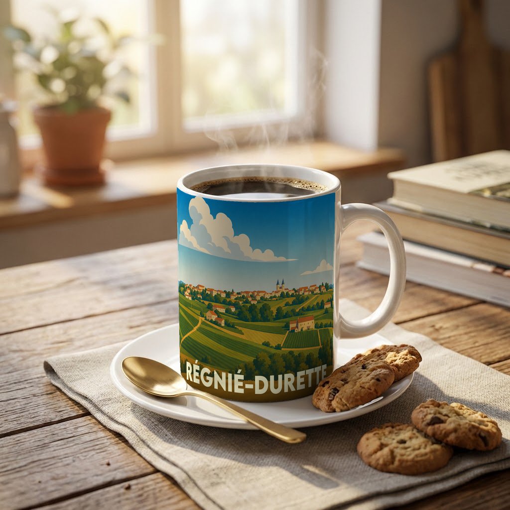 Mug souvenir de la commune de Régnié-Durette illustré d'un paysage de vignobles et de collines.