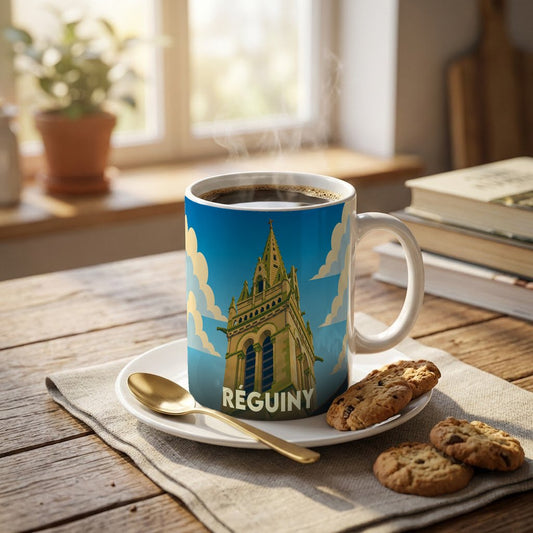Mug souvenir de la ville de Réguiny orné d'une illustration stylisée de son église.