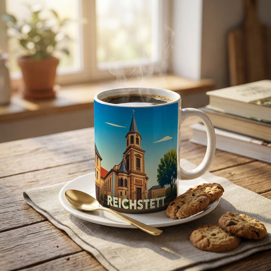 Mug souvenir de la ville de Reichstett orné d'une illustration stylisée de son église.