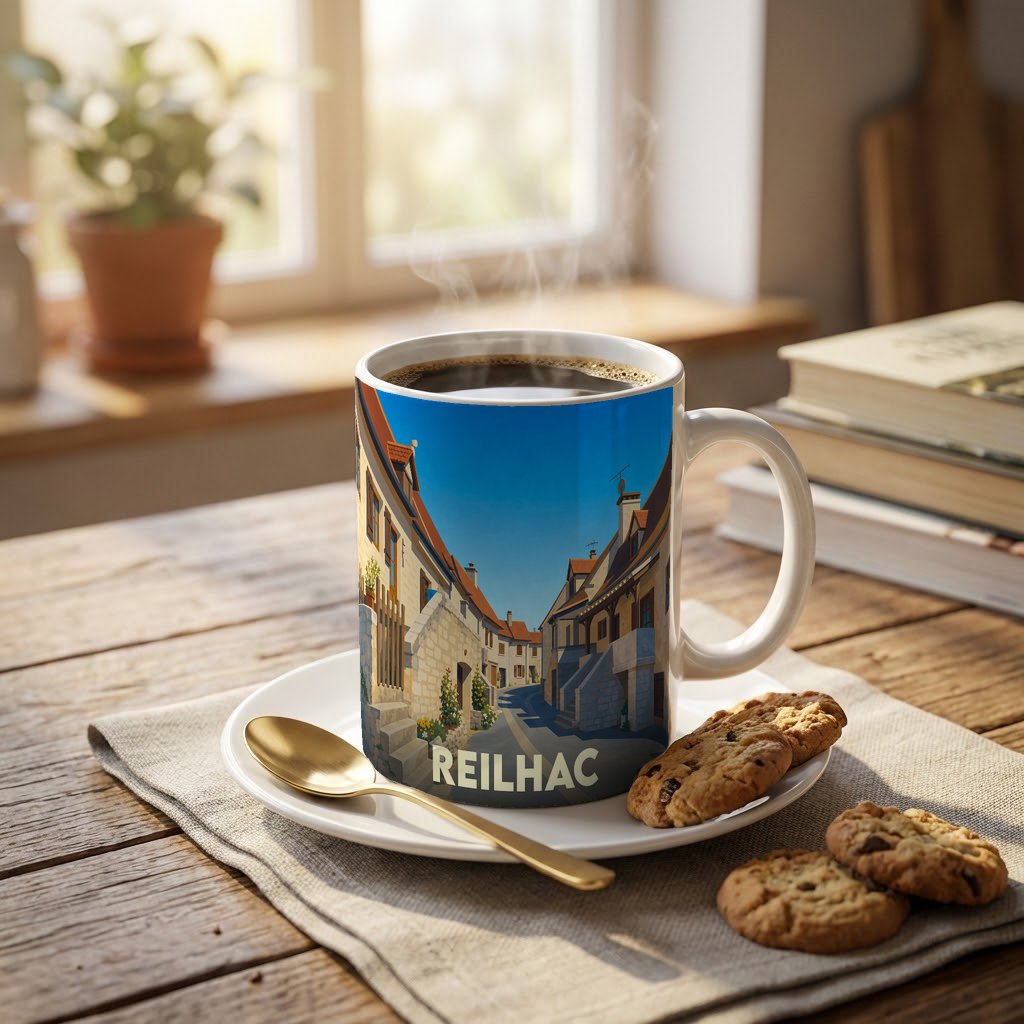 Mug souvenir de la ville de Reilhac illustré d'une scène de rue pittoresque.