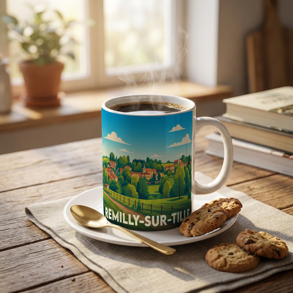 Mug souvenir de la ville de Remilly-sur-Tille avec une illustration de paysage champêtre.