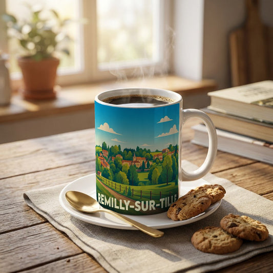 Mug souvenir de la ville de Remilly-sur-Tille avec une illustration de paysage champêtre.