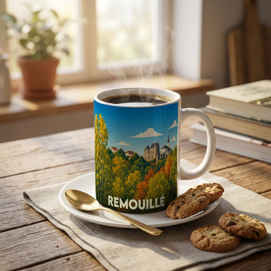 Mug souvenir de la ville de Remouillé orné d'une illustration paysagère stylisée.