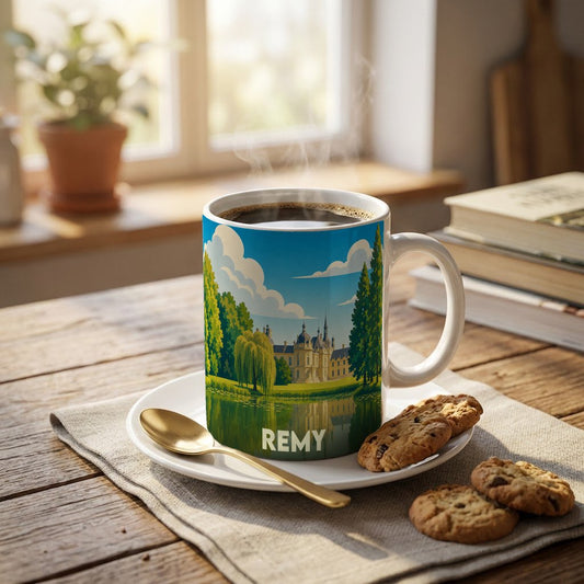 Mug souvenir de la ville de Remy avec une illustration stylisée représentant un château et son parc.