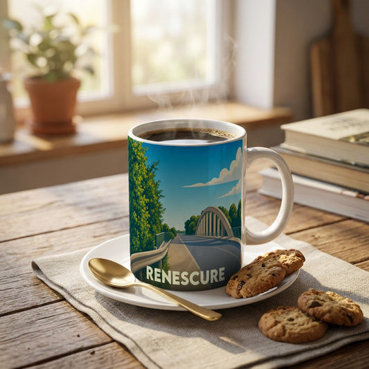 Mug souvenir de la ville de Renescure orné d'une illustration stylisée représentant un pont sous un ciel bleu.