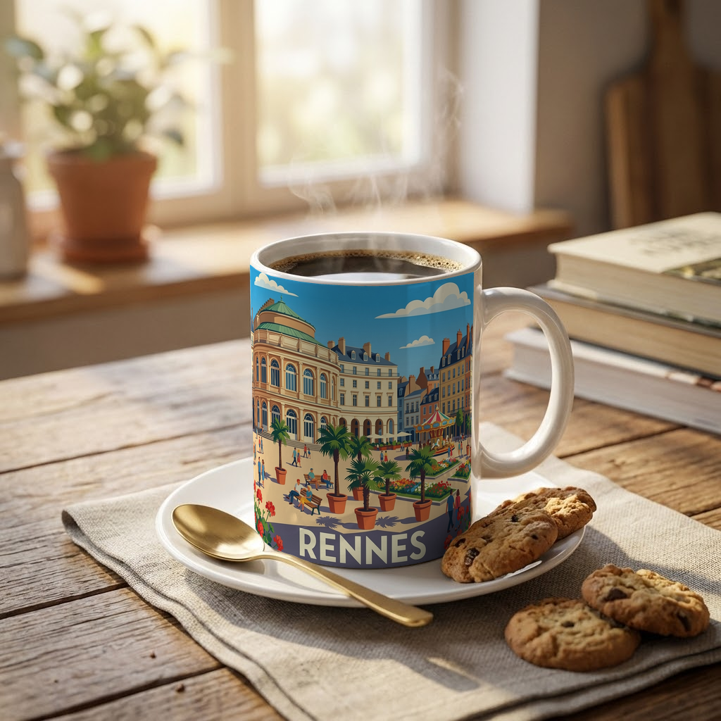 Mug souvenir de la ville de Rennes avec une illustration stylisée.