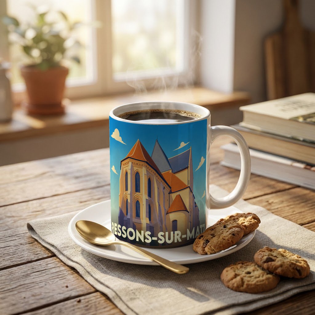 Mug souvenir de la ville de Ressons-sur-Matz orné d'une illustration stylisée de son église.