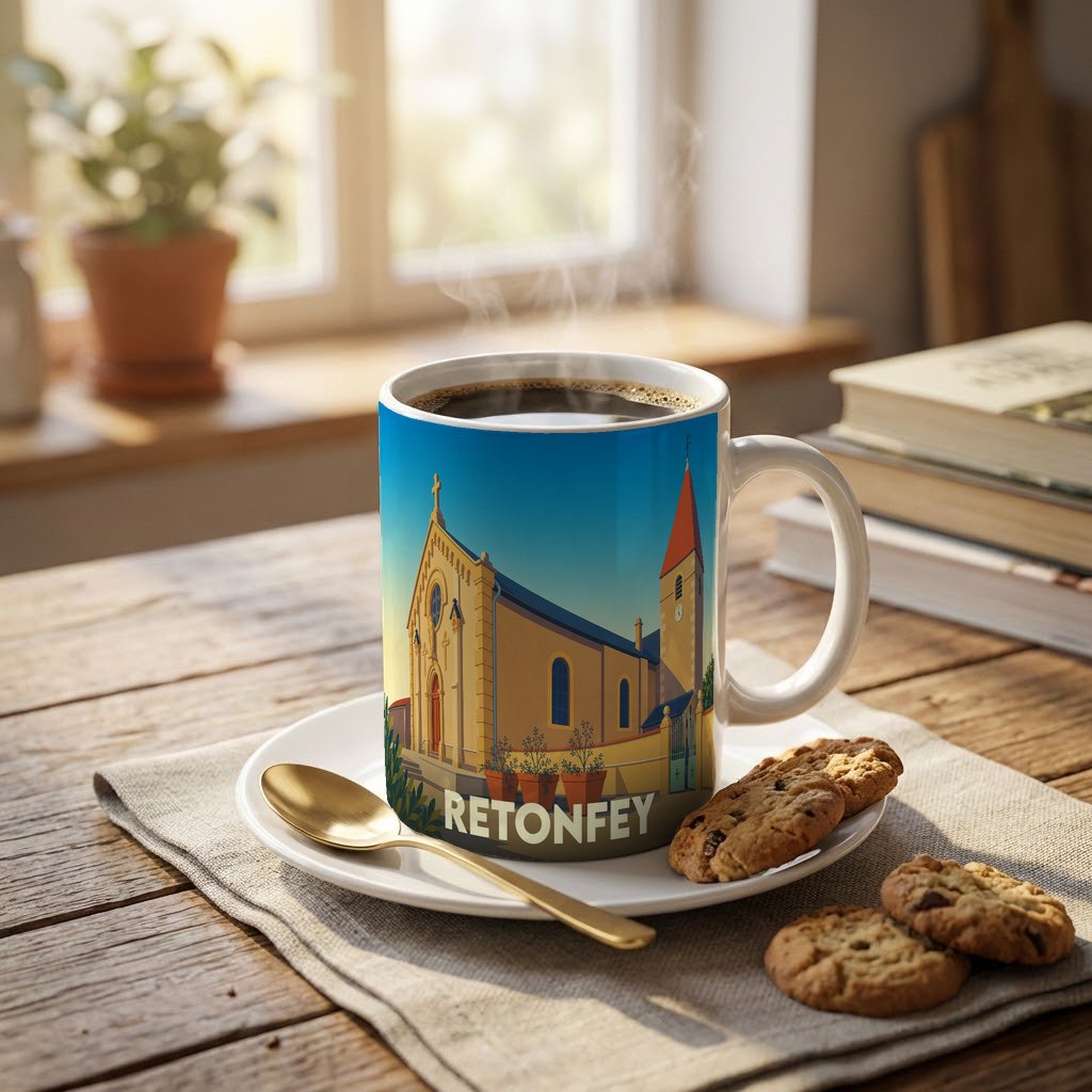 Mug souvenir de la ville de Retonfey avec une illustration stylisée de son église sur une table en bois.