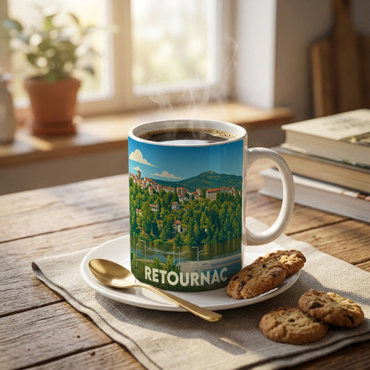 Mug souvenir de la ville de Retournac avec une illustration paysagère stylisée.