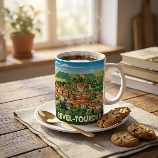 Mug souvenir de la ville de Revel-Tourdan avec une illustration stylisée d'un village pittoresque.