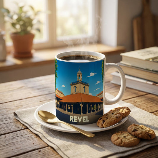 Mug souvenir de la ville de Revel orné d'une illustration stylisée de sa halle centrale.