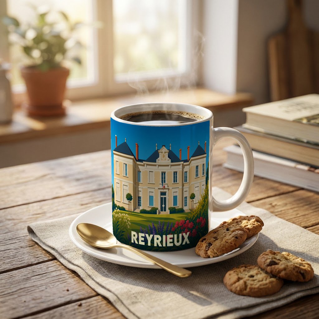 Mug souvenir de la ville de Reyrieux avec une illustration stylisée d'un château.