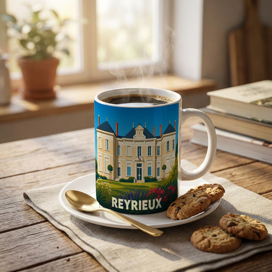 Mug souvenir de la ville de Reyrieux avec une illustration stylisée d'un château.
