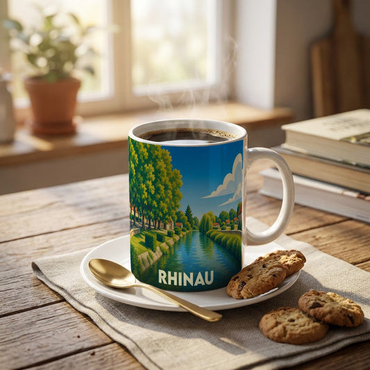 Mug souvenir de la ville de Rhinau avec une illustration colorée représentant un canal bordé d'arbres.