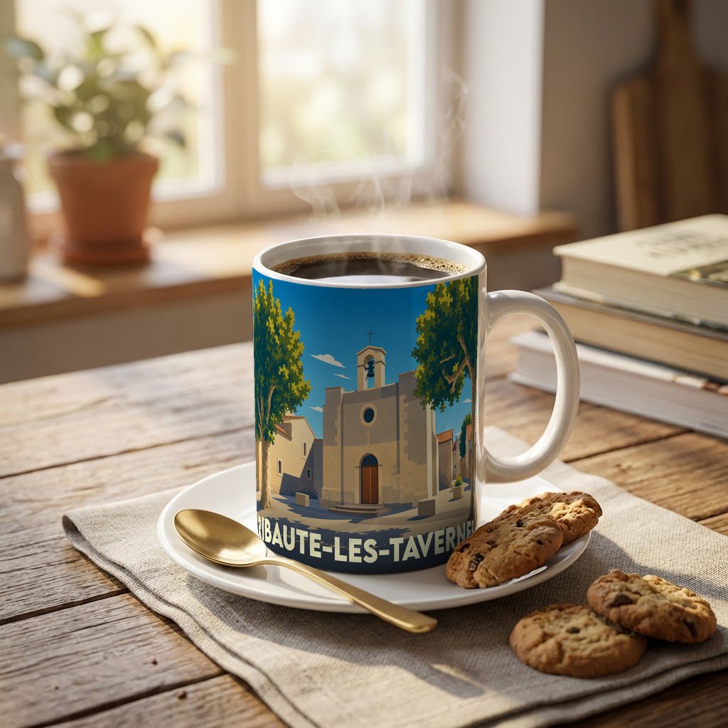 Mug souvenir de la ville de Ribaute-les-Tavernes orné d'une illustration stylisée de son église.