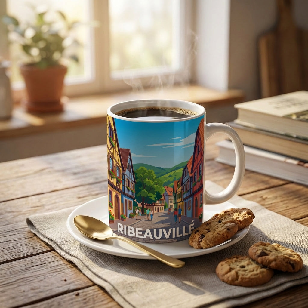Mug souvenir de la ville de Ribeauvillé avec une illustration colorée de ses maisons à colombages.