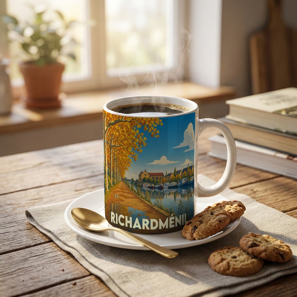 Mug souvenir de la ville de Richardménil avec une illustration stylisée d'un canal en automne.