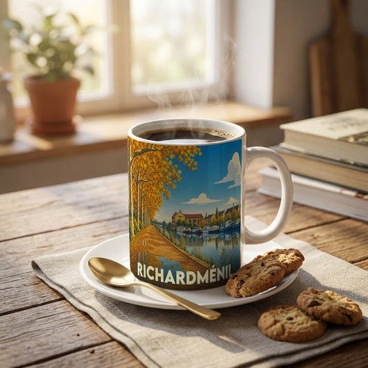 Mug souvenir de la ville de Richardménil avec une illustration stylisée d'un canal en automne.
