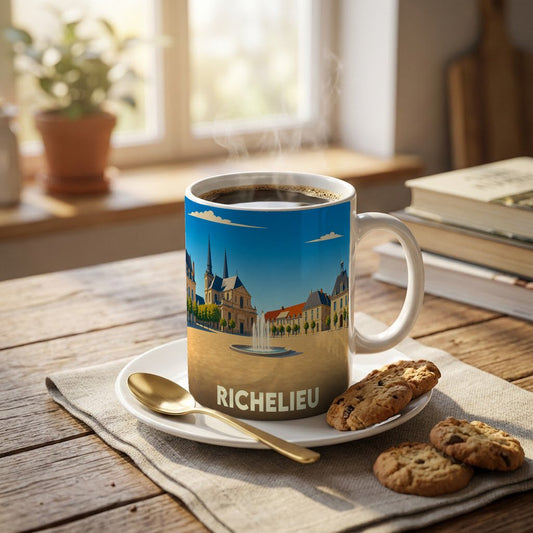 Mug souvenir de la ville de Richelieu avec une illustration stylisée d'une place historique.