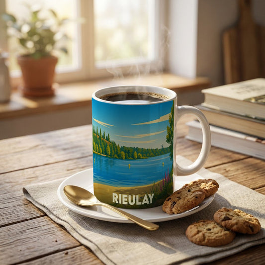 Mug souvenir de la ville de Rieulay orné d'une illustration stylisée de son lac.