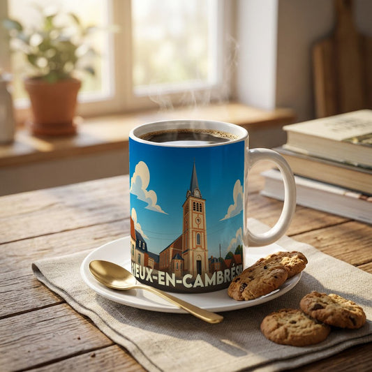 Mug souvenir de la ville de Rieux-en-Cambrésis orné d'une illustration stylisée de son église.