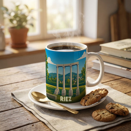 Mug souvenir de la ville de Riez orné d'une illustration stylisée de ses colonnes romaines.