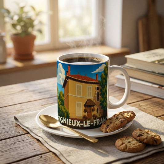 Mug souvenir de la ville de Rignieux-le-Franc avec une illustration colorée de maison traditionnelle.
