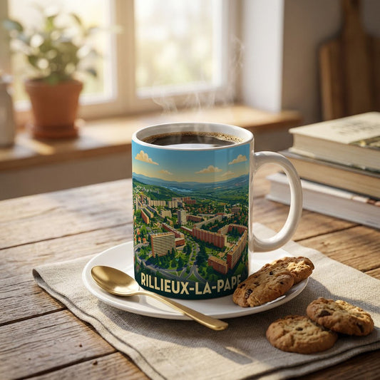 Mug souvenir de la ville de Rillieux-la-Pape avec une illustration panoramique stylisée.