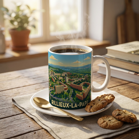 Mug souvenir de la ville de Rillieux-la-Pape avec une illustration panoramique stylisée.