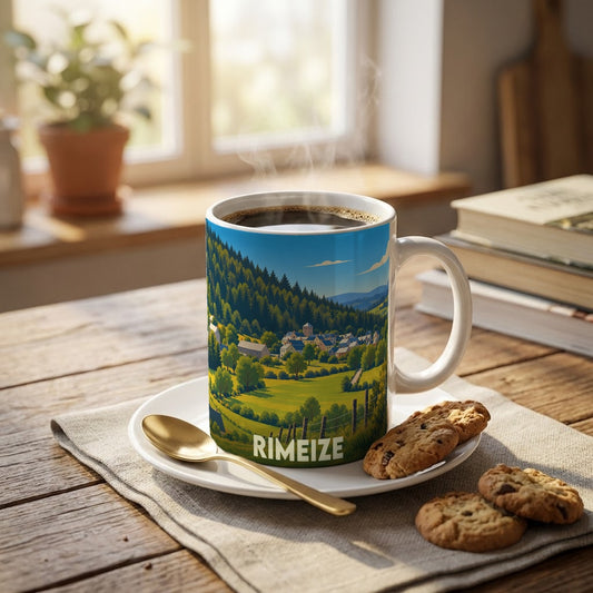 Mug souvenir de la ville de Rimeize avec une illustration stylisée de son paysage vallonné.