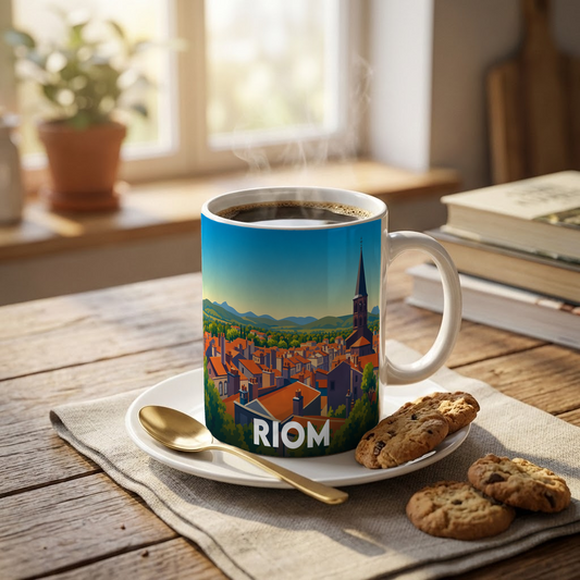 Mug souvenir de la ville de Riom avec une illustration stylisée.