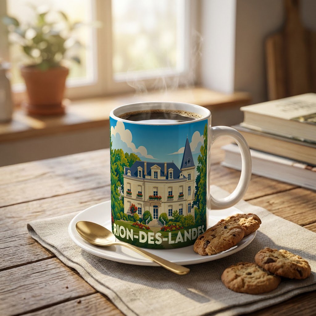 Mug souvenir de la ville de Rion-des-Landes avec une illustration stylisée d'un château entouré de verdure.