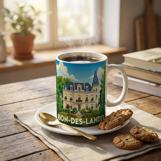 Mug souvenir de la ville de Rion-des-Landes avec une illustration stylisée d'un château entouré de verdure.