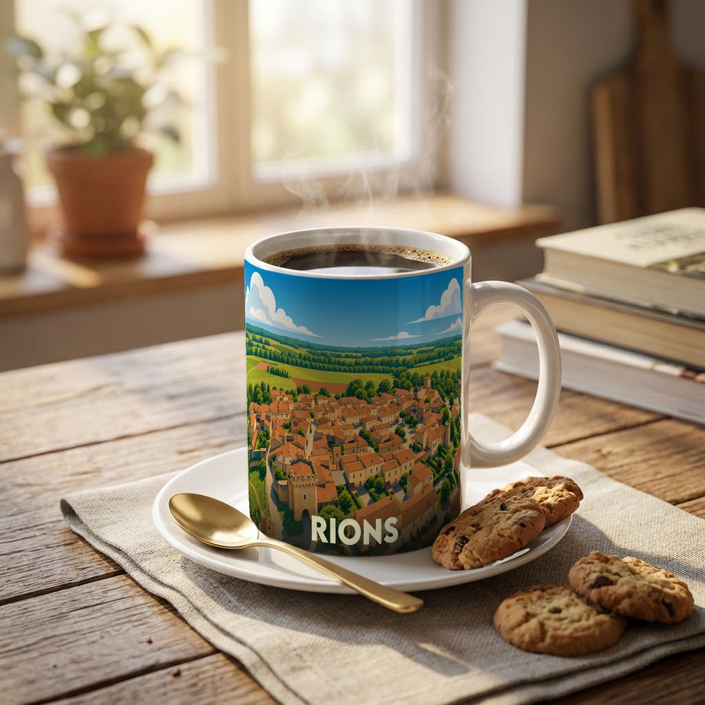 Mug souvenir de la ville de Rions avec une illustration panoramique stylisée.