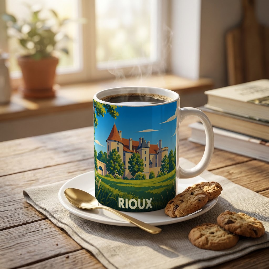 Mug souvenir de la ville de Rioux orné d'une illustration stylisée de son château.