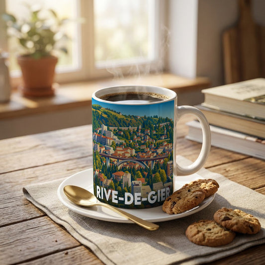 Mug souvenir de la ville de Rive-de-Gier avec une illustration stylisée.