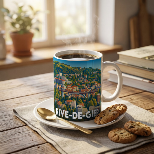 Mug souvenir de la ville de Rive-de-Gier avec une illustration stylisée.