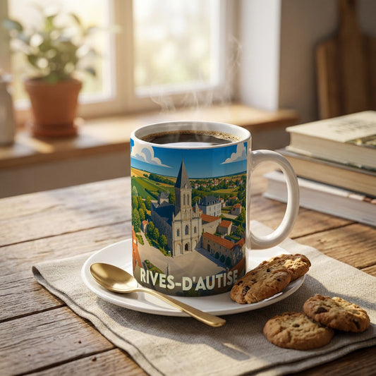 Mug souvenir de la ville de Rives-d'Autise illustré par une vue panoramique stylisée de son église et de ses paysages.
