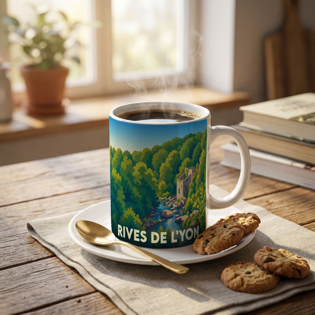 Mug souvenir de la ville de Rives de l'Yon illustré d'un paysage de forêt et de rivière.