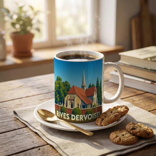 Mug souvenir de la commune de Rives Dervoises avec une illustration stylisée de son église.