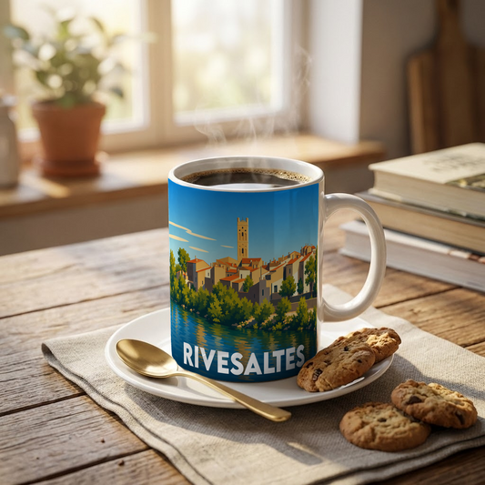 Mug souvenir de la ville de Rivesaltes orné d'une illustration stylisée du bord de l'eau.