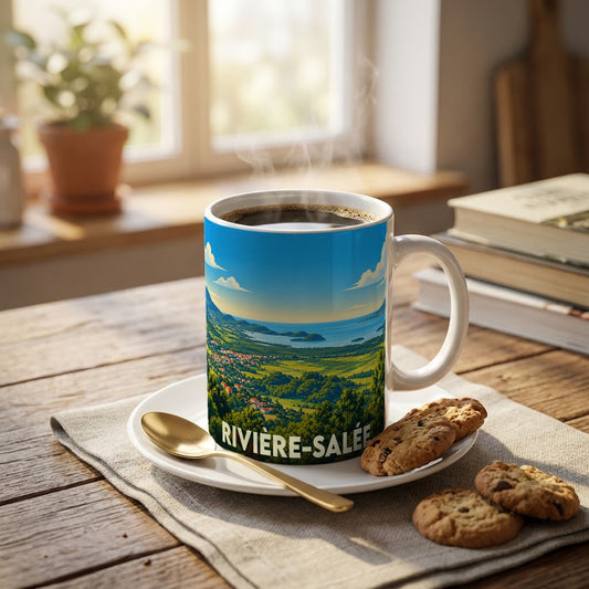 Mug souvenir de la ville de Rivière-Salée avec une illustration de paysage panoramique.
