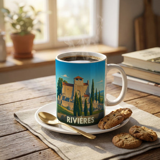 Mug souvenir de la ville de Rivières avec une illustration stylisée d'un château médiéval.
