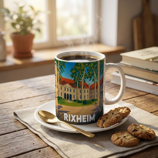 Mug souvenir de la ville de Rixheim avec une illustration stylisée.